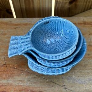 Set of 3 Blue Glazed Ceramic Fish Shaped Nesting Measuring Cups
